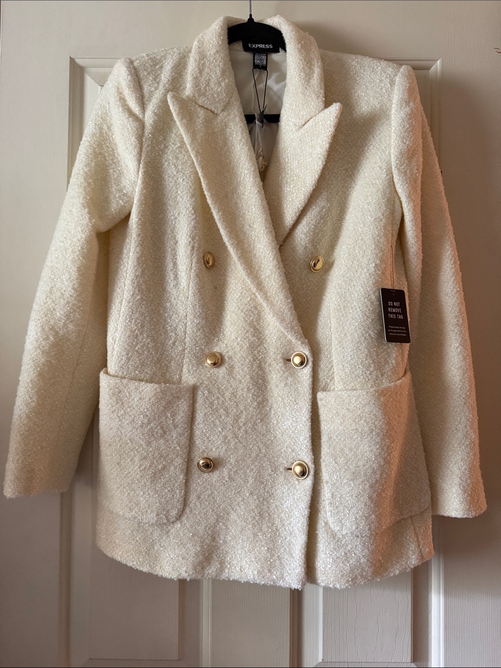 Express Cream Double-Breasted Bouclé Blazer with Gold Buttons